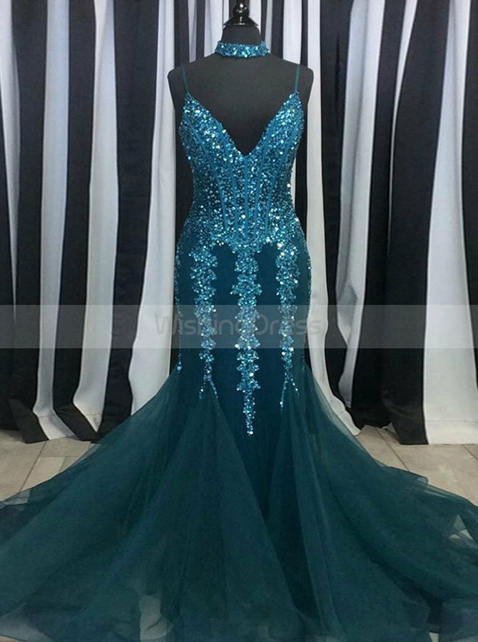 Mermaid Beaded Prom Dress,Fitted Evening Dress with Straps,Tight Tulle -  Wishingdress