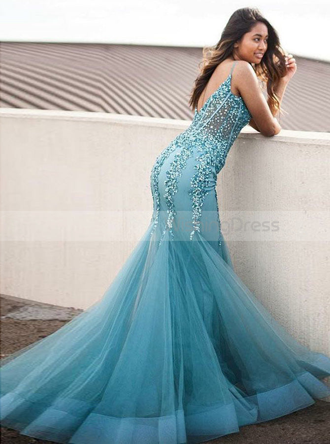 Mermaid Beaded Prom Dress,Fitted Evening Dress with Straps,Tight Tulle Prom Dress PD00111, US24W / Royal Blue Mermaid Beaded Prom Dress,Fitted Evening Dress with Straps,Tight Tulle Prom Dress PD00111, US24W / Royal Blue