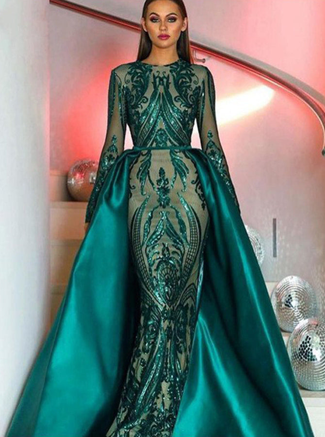 Mermaid Prom Dress with Detachable Overskirt,Long Sleeves Prom