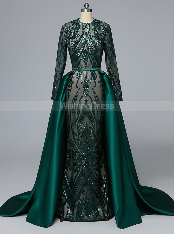 Mermaid Prom Dress with Detachable Overskirt Long Sleeves Prom Dress Vogue Prom Dress PD00432