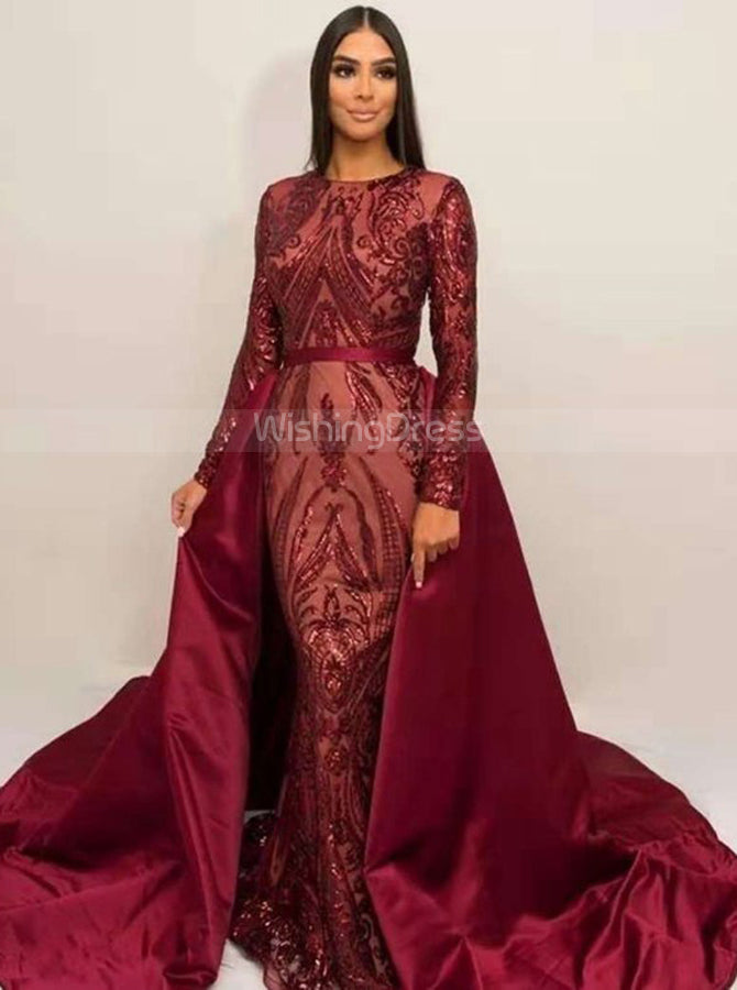 short sleeve graduation dress Sexy High-Neck Burgundy Sequined Slit Prom Dress main image 0