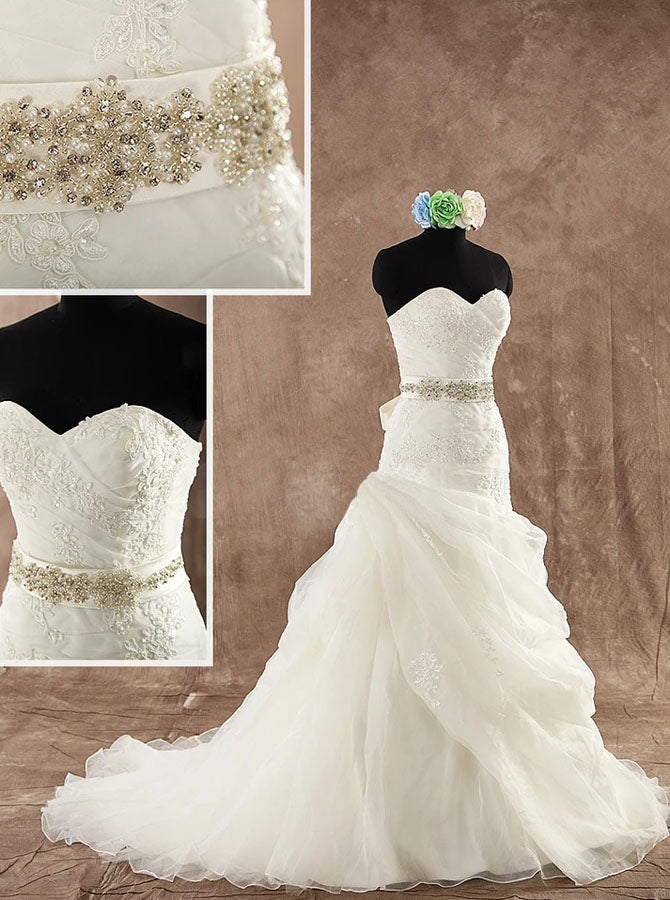 mermaid wedding dress with bling belt Mermaid Sweetheart Neckline Wedding Dress,Organza Wedding Dress,WD00598, US16W / Ivory