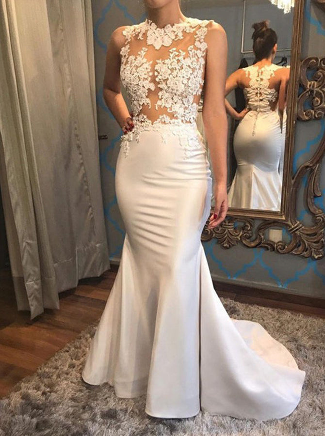 Mermaid Tight Wedding Dresses,Illusion Bridal Gown,Satin Wedding Dress,WD00357