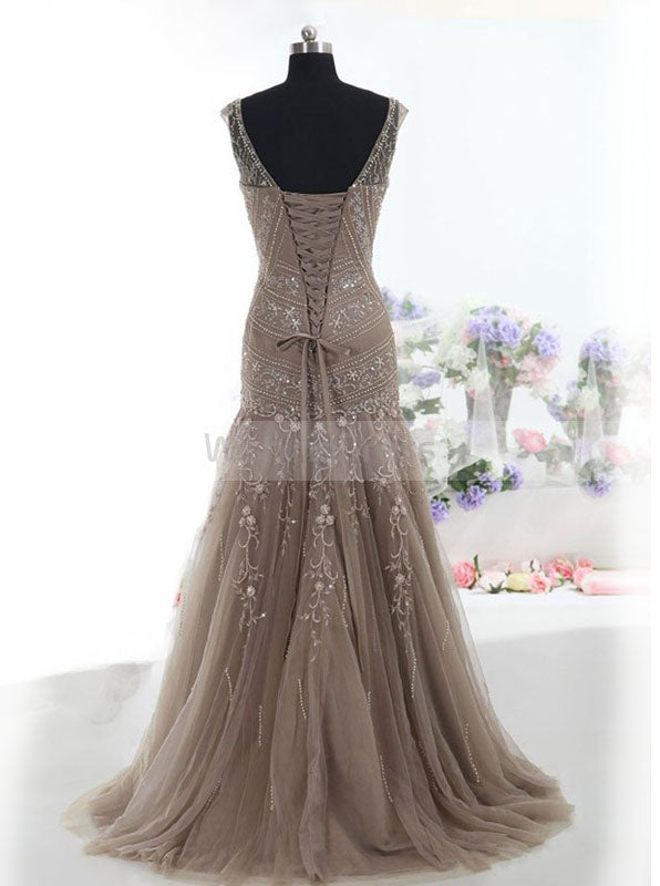 chinese dress ladies Mermaid Tulle Prom Dress,Beaded Long Prom Dress,Prom Dress with Lace U