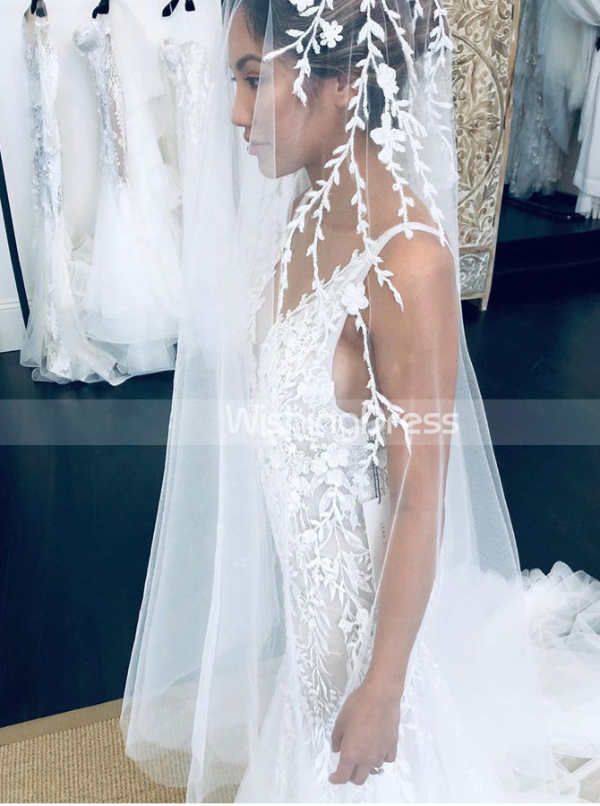 Mermaid Wedding Dress Deep V-Neck,Mermaid Wedding Dresses with Appliques,WD00629, US4 / Champagne