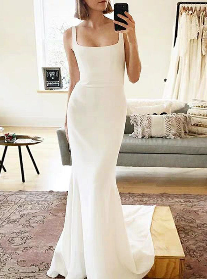 fitted lace wedding dress Mismached Elegant Blue Pleats One Shoulder Simple Cheap Mermaid Long B –  QueenaBridal main image 0