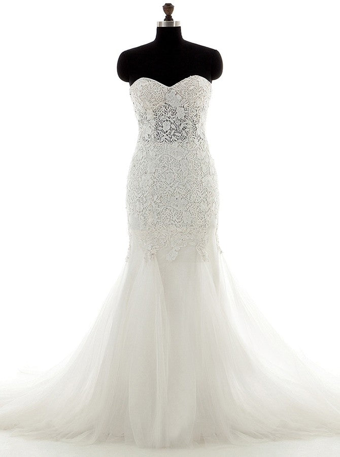Mermaid Wedding Dresses,Strapless Wedding Dress,Lace Tulle Bridal Dress,Corset Wedding Gown,WD00033, US20W / White