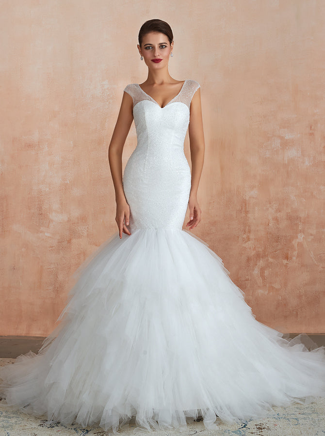 Mermaid Wedding Dresses with Ruffled Skirt,Beaded Top Modern Bridal Gown,WD00475, US8 / White