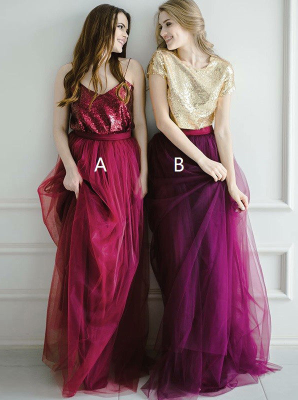 Mismatched Bridesmaid Dress,Tulle Bridesmaid Dress,Long Sequined Bridesmaid Dress,BD00140, US6 / colorA