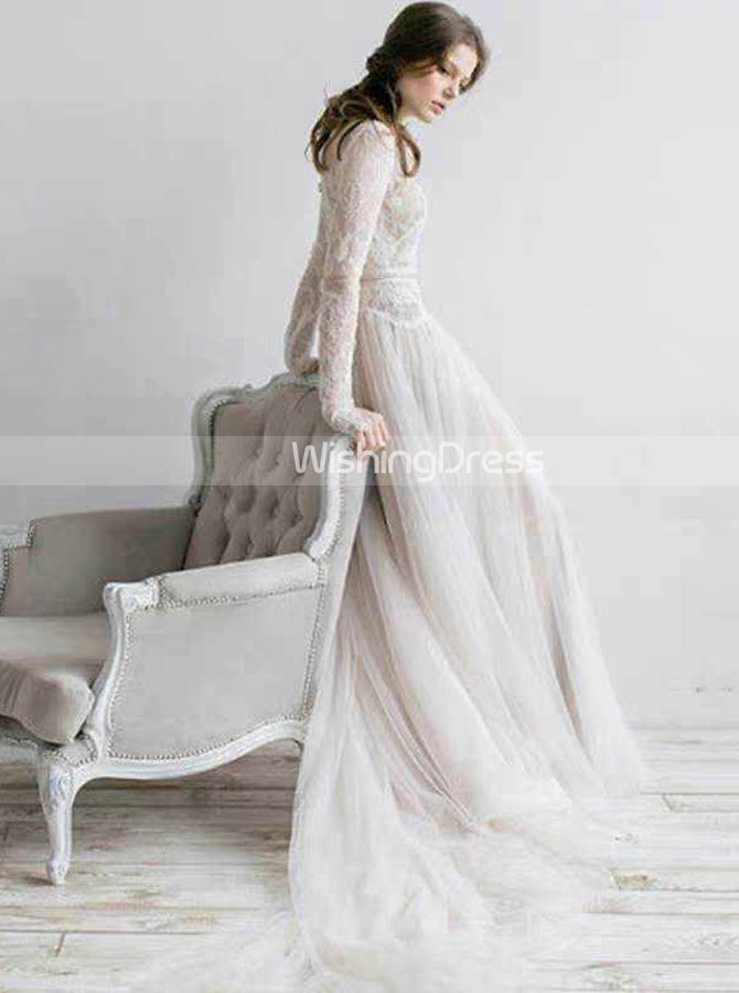 Modest High Neck Wedding Dress,Long Sleeves Lace and Tulle Wedding Dress,WD00509, US10 / Champagne
