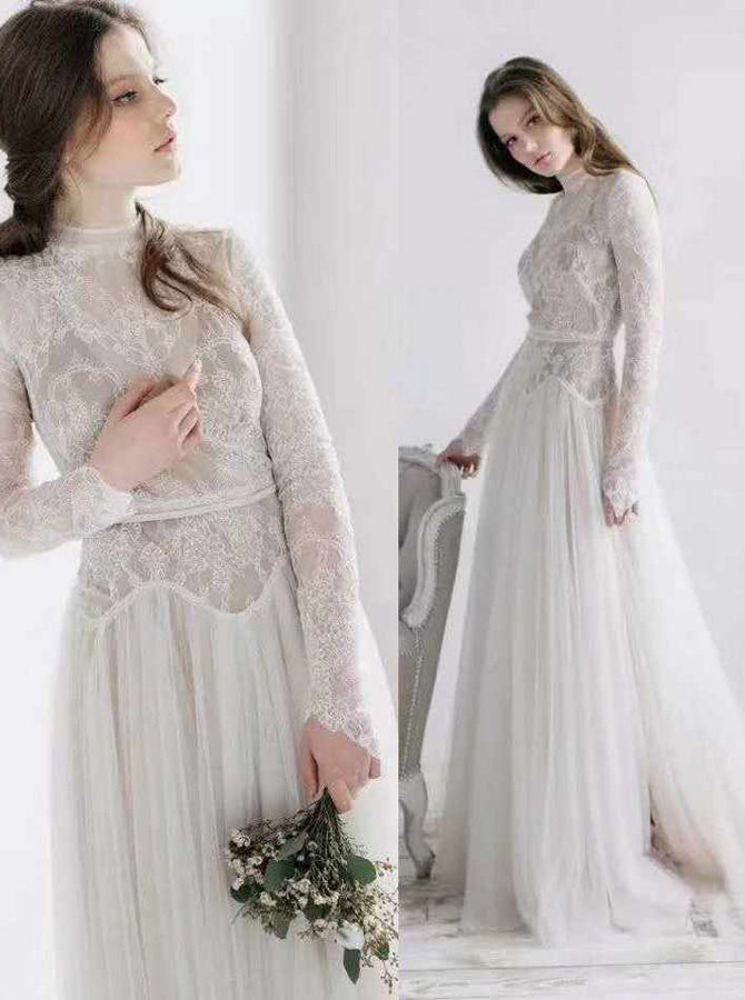 Modest High Neck Wedding Dress,Long Sleeves Lace and Tulle Wedding Dress,WD00509, US10 / Champagne Modest High Neck Wedding Dress,Long Sleeves Lace and Tulle Wedding Dress,WD00509, US10 / Champagne