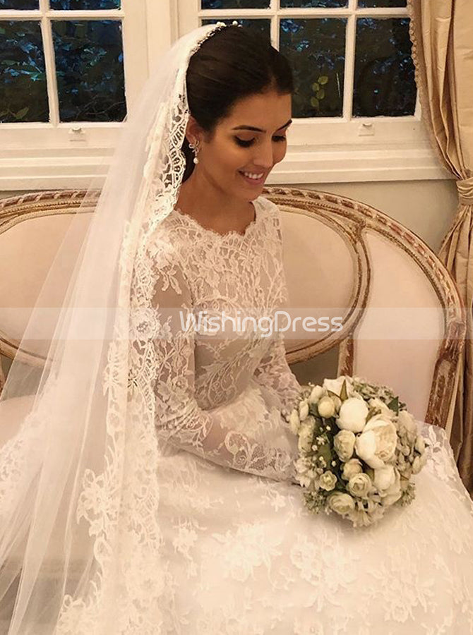 princess modest wedding dresses Modest Satin Wedding Dress Long Sleeves Lace Appliques