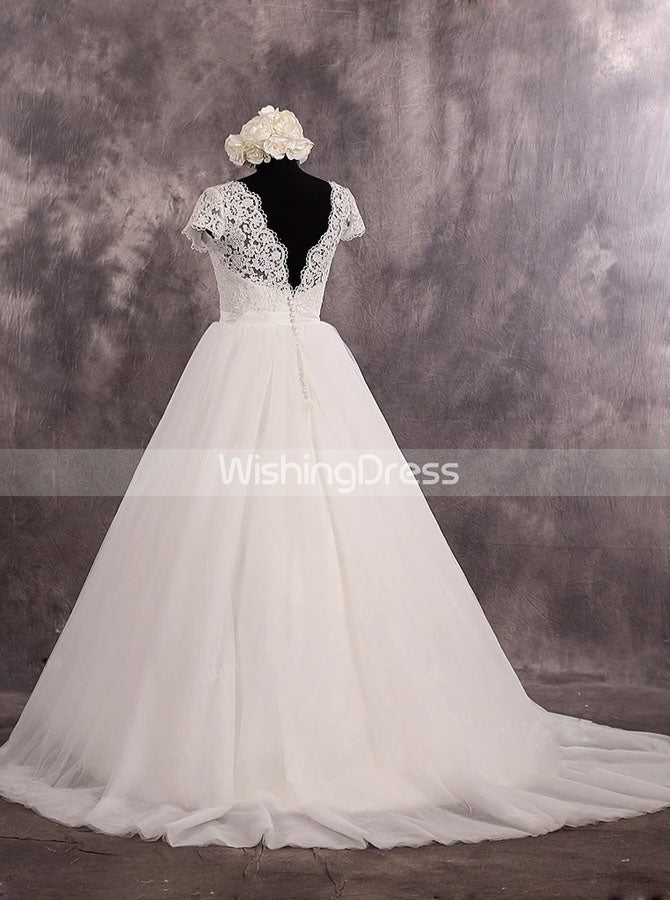 Modest Wedding Dress with Short Sleeves,Simple Wedding Gown,WD00528, US6 / Champagne