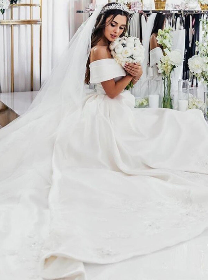off-the-shoulder satin ball gown wedding dress product info and reviews Off the Shoulder Ball Gown Wedding Dress,Satin Classic Wedding Dress,WD00618, US10 / Champagne