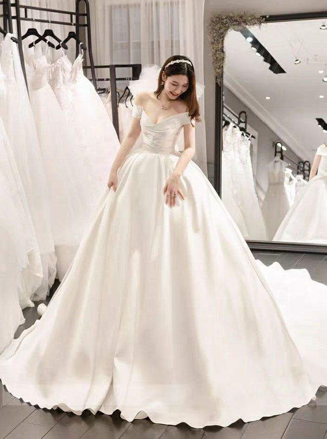 off the shoulder satin ball gown wedding dress Off the Shoulder Ball Gown Wedding Dresses,Satin Wedding Gown,WD00456, US14W / Ivory