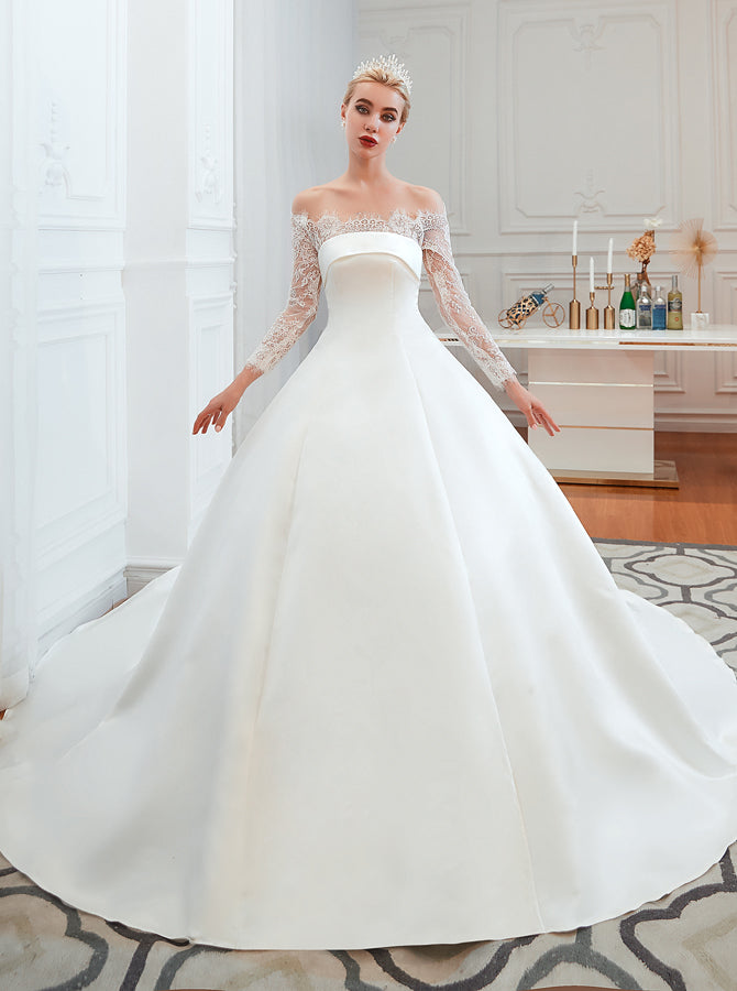 off the shoulder long sleeve satin wedding dress Off the Shoulder Bridal Dress with Lace Sleeves,Satin Bridal Gown,WD00485, US26W / Ivory
