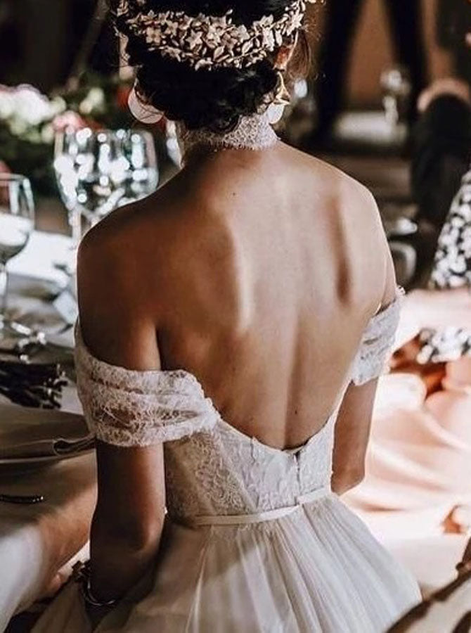 White Wedding Dresses,Off the Shoulder Wedding Dress,Boho Bridal Dress