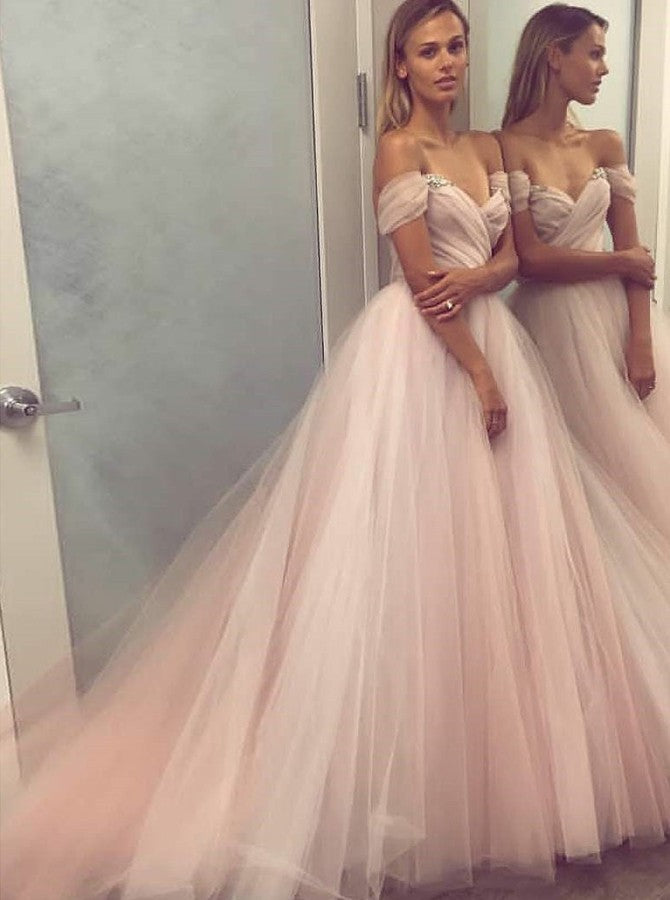 princess off the shoulder prom dress Zapaka Women Prom Dress Pink Off The Shoulder Tiered A-Line Evening Dress, Blue / US22W