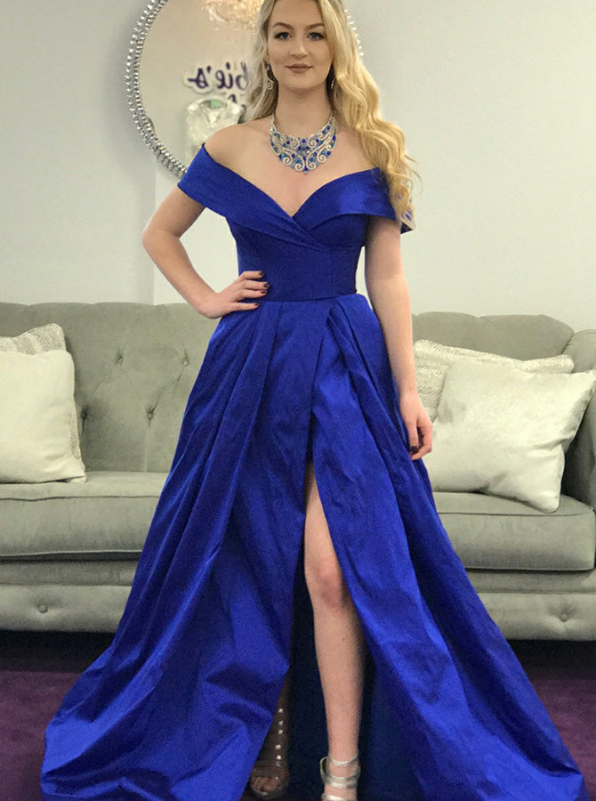tafferta prom dress Off the Shoulder Prom Dresses,Taffeta Prom Dress,Prom Dress with Slit,PD00257, US4 / Royal Blue