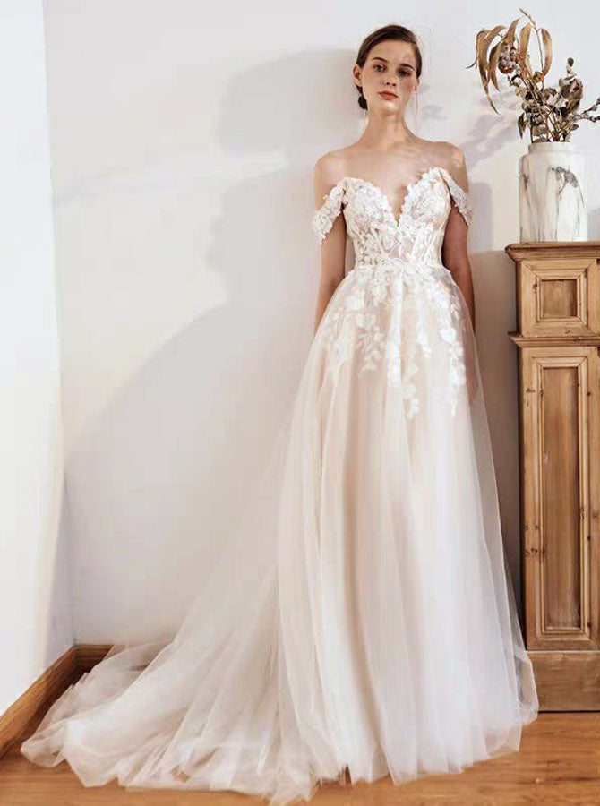 Off the Shoulder Wedding Dress,A-line Princess Bridal Dress,WD00462, US8 / Ivory Off the Shoulder Wedding Dress,A-line Princess Bridal Dress,WD00462, US8 / Ivory