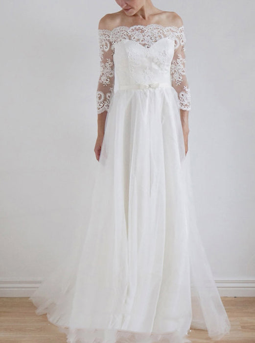 Off the Shoulder Wedding Dresses,Boho Wedding Dress,Casual Bridal Dress,Beach Bridal Dress,WD00088, US14 / White