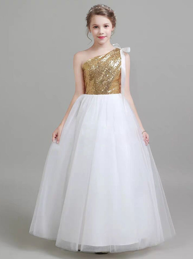 One Shoulder Pageant Dress for Teens,Sequined Little Princess Dress,JB00066, J12 / Silver