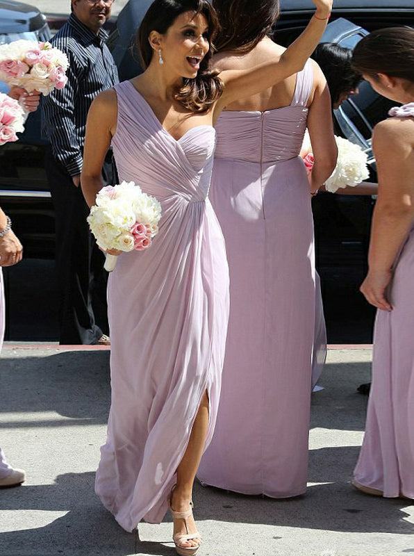 blue dress for baby girl One Shoulder Ruched Bridesmaid Dress,Chiffon Long Bridesmaid Dress with Slit,BD00122, US24W / Burgundy main image 1