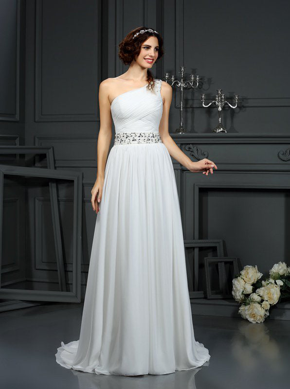 One Shoulder Wedding Dress,Chiffon Long Wedding Dress,Beach Wedding Dress,WD00287, US18W / Champagne One Shoulder Wedding Dress,Chiffon Long Wedding Dress,Beach Wedding Dress,WD00287, US18W / Champagne