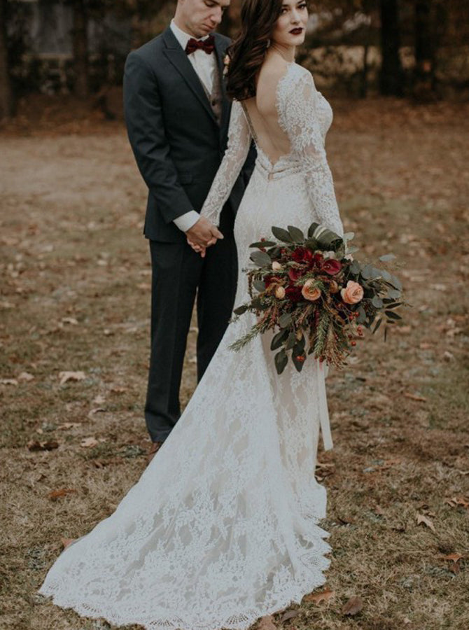 Open Back Lace Wedding Dresses,Wedding Dress with Long Sleeves,WD00429, US14W / Ivory
