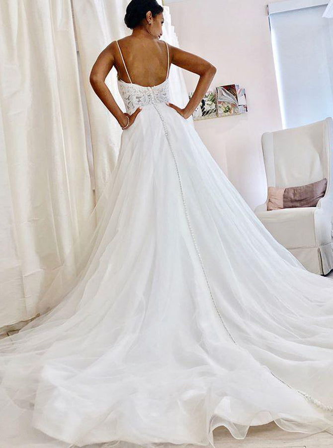 Organza Wedding Dress With Straps,Simple Boho Wedding Dress,WD00417, US12 / Champagne