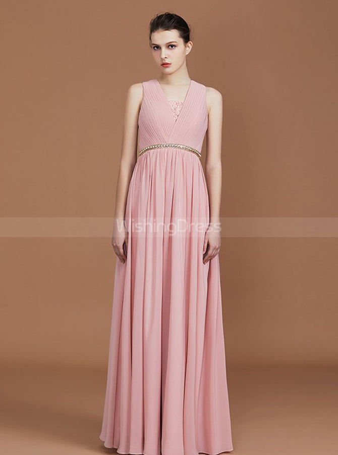 Pink Bridesmaid Dresses with Beaded Belt,Chiffon Bridesmaid Dress with
