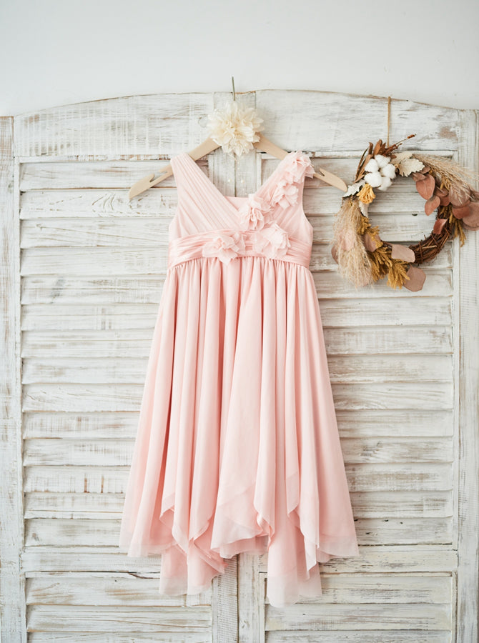 Pink Flower Girl Dress,Junior Empire Bridesmaid Dress,Girl Party Dress