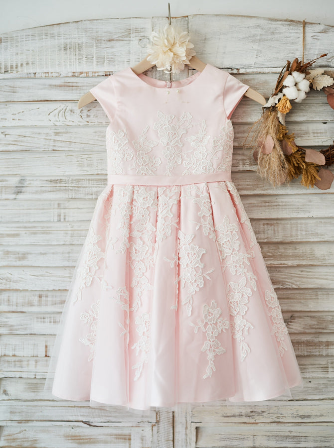 Pink Flower Girl Dress with Cap Sleeves,Tea Length Girl Party Dress,FD00109