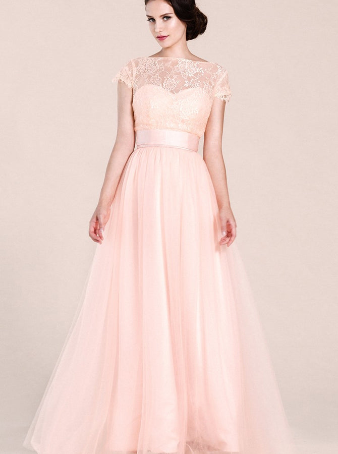 strapless open back dress V Neck Pink Lace Long Prom Dresses with High Slit, Pink Lace Formal Dr –  Shiny Party main image 1