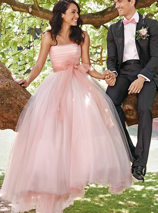 Pink Tulle Wedding Dresses,Strapless Simple Bridal Gown,WD00335