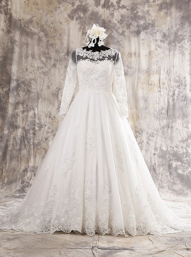 Plus Size A-Line Wedding Dress with Illusion Sleeves,Classic Wedding Gown,WD00572, US14 / Black