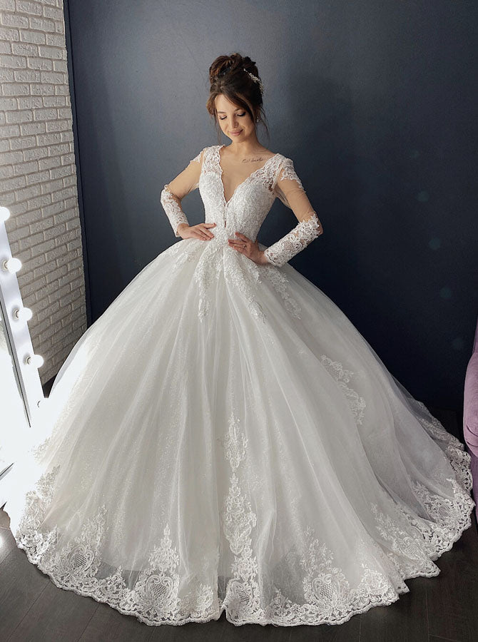 Princess Bridal Gown with Sleeves,Classic Ball Gown Wedding Dress