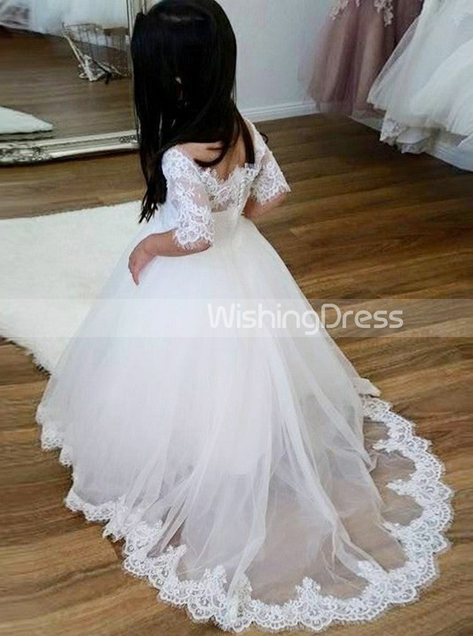 chinese dress ladies Princess Flower Girl Dress Ball Gown,First Communion Dress with Sleeves,FD00051, Child12 / White