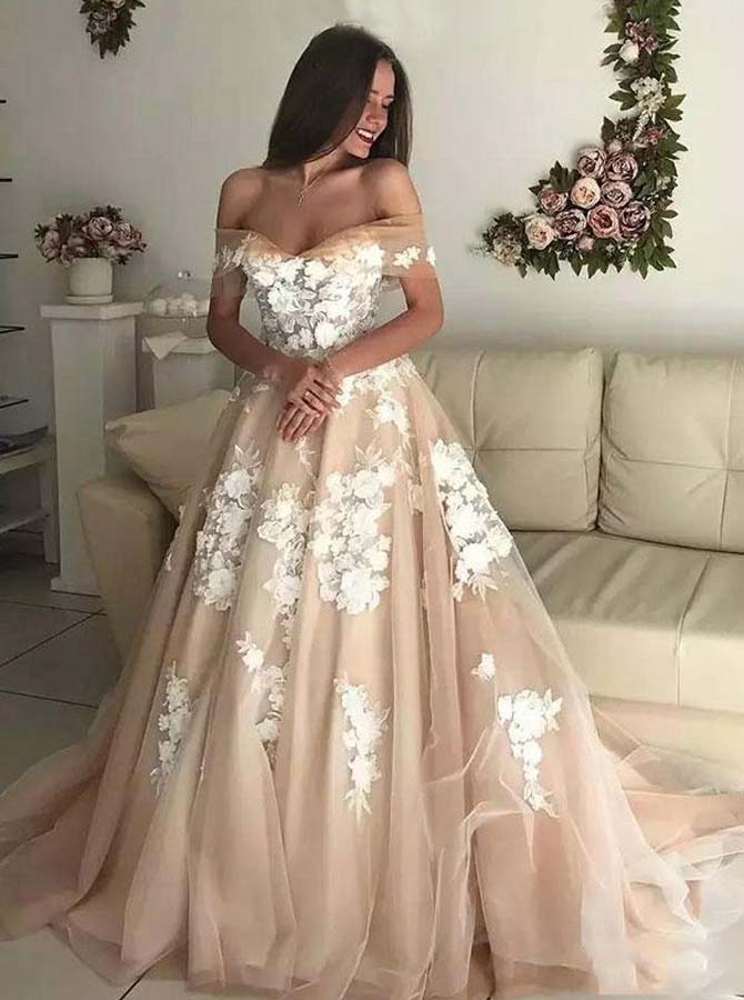 Princess Wedding Dress Off the Shoulder,Floral Wedding Dress Romantic,WD00512, US24W / White Princess Wedding Dress Off the Shoulder,Floral Wedding Dress Romantic,WD00512, US24W / White