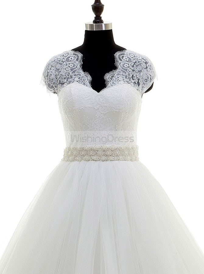Princess Wedding Dress with Belt,Lace Tulle Wedding Dresses,Elegant Wedding Gown,WD00040, US22W / White Princess Wedding Dress with Belt,Lace Tulle Wedding Dresses,Elegant Wedding Gown,WD00040, US22W / White