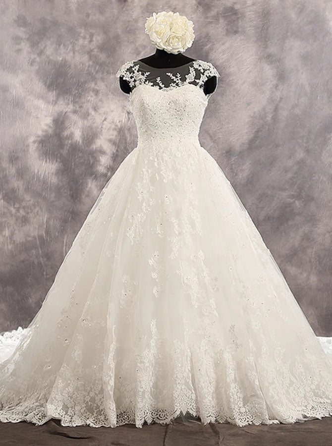 princess waistline wedding dress A-line Princess V Neck Tulle Sweep Train Wedding Dress with Appliques Lace S3070W - Wedding Dresses