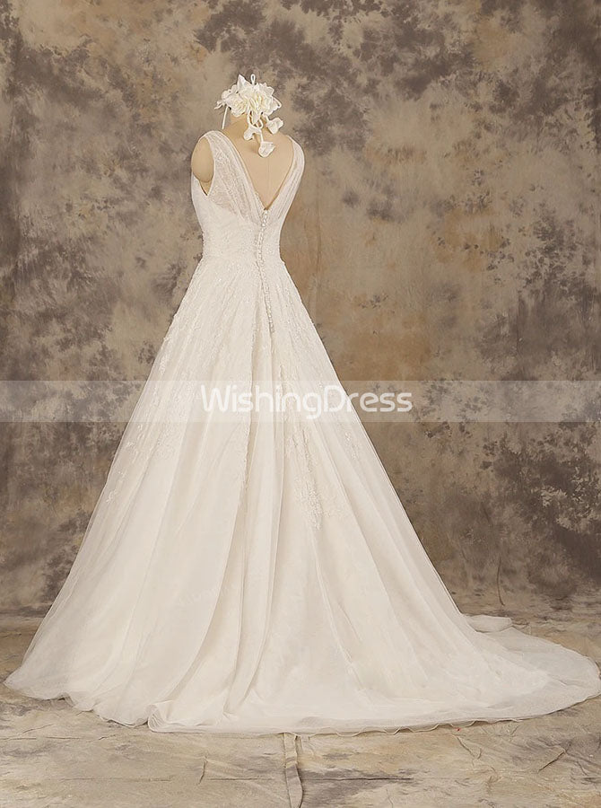 Princess Wedding Dress with V-Neck,Lace A-Line Wedding Dress,WD00581, US12 / White