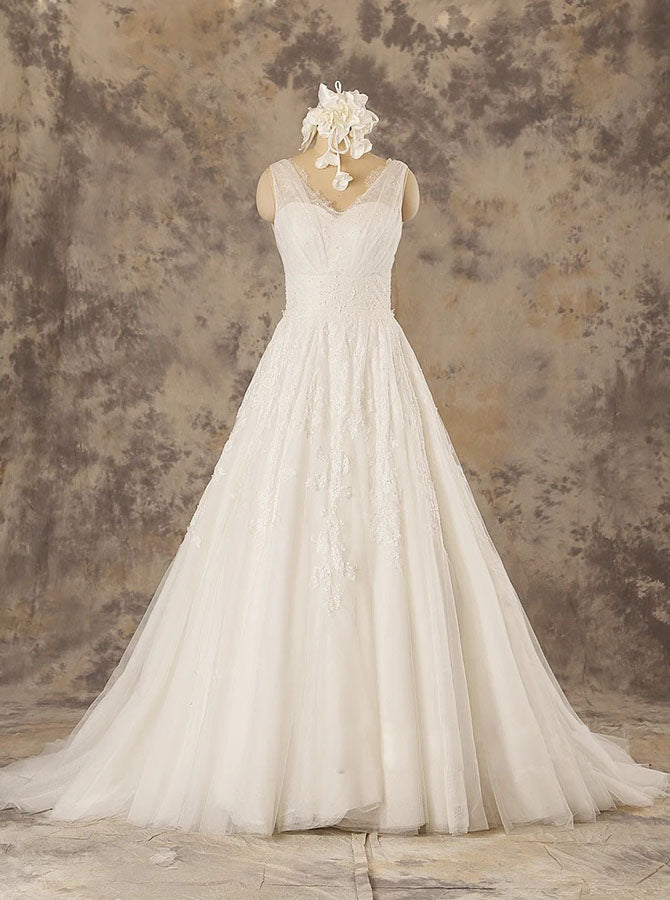 Princess Wedding Dress with V-neck,Lace A-line Wedding Dress,WD00581, US12 / White Princess Wedding Dress with V-neck,Lace A-line Wedding Dress,WD00581, US12 / White