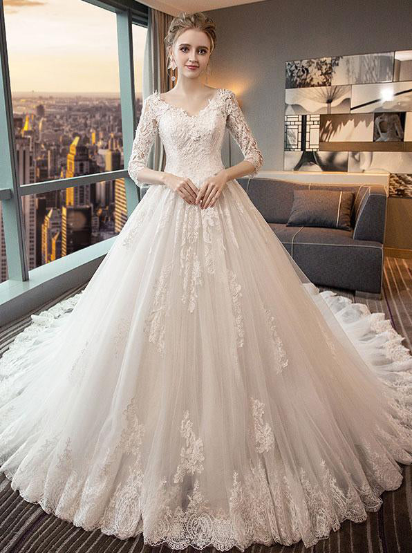 Princess Wedding Dresses,Wedding Dress with Sleeves,Tulle Long Train Bridal Dress,WD00188