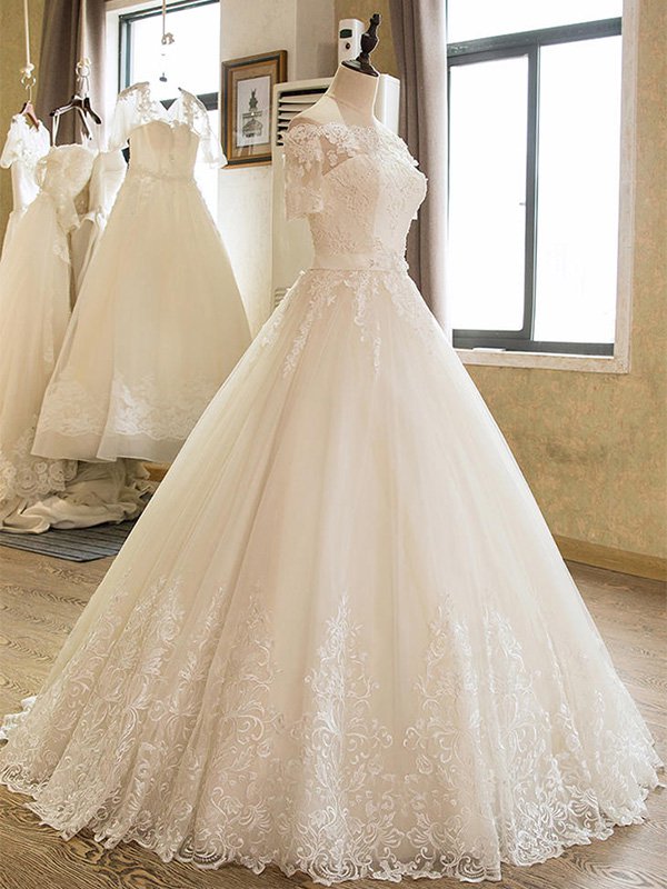 Princess Wedding Dresses,Wedding Gown with Short Sleeves,Floor Length  Bridal Dress,WD00285