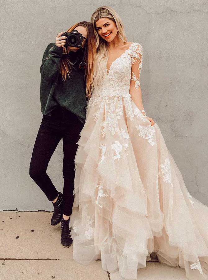 Princess Wedding Dresses with Sleeves,Layered Bridal Dress,WD00326, US14 / Champagne Princess Wedding Dresses with Sleeves,Layered Bridal Dress,WD00326, US14 / Champagne