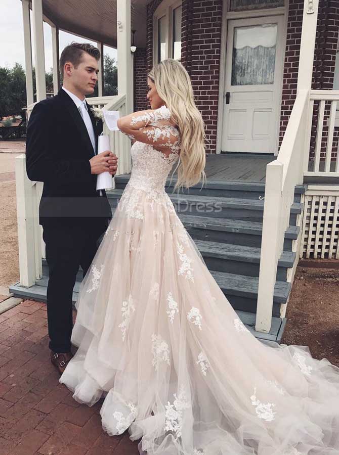 Princess Wedding Dresses with Sleeves,Layered Bridal Dress,WD00326, US14 / Champagne Princess Wedding Dresses with Sleeves,Layered Bridal Dress,WD00326, US14 / Champagne