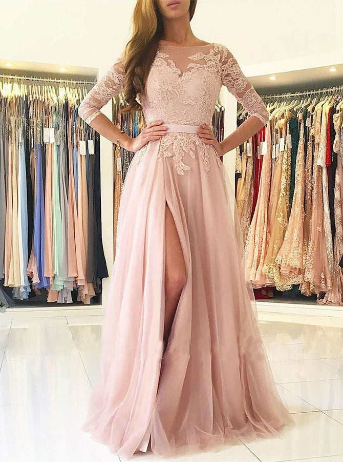 Prom Dress with Sleeves,Tulle Prom Dress,Long Prom Dress with Slit