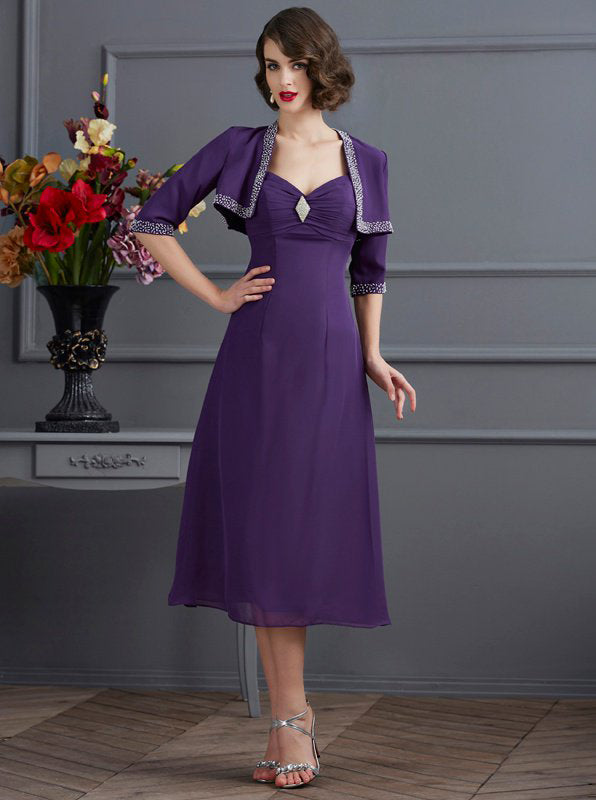 Purple Tea Length Mother of the Bride Dresses,Chiffon Mother of the Bride Dress with Jacket,MD00051