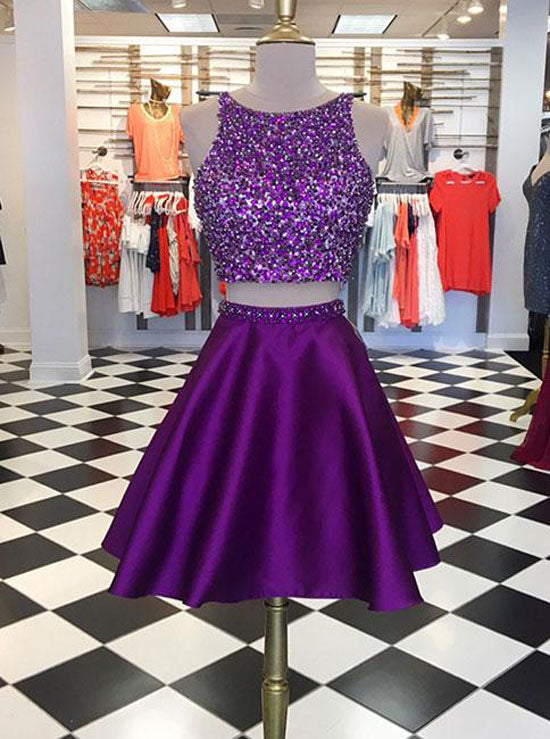 Purple Two Piece Homecoming Dresses,Beaded Satin Cocktail Dress,HC00174, US4 / Burgundy Purple Two Piece Homecoming Dresses,Beaded Satin Cocktail Dress,HC00174, US4 / Burgundy